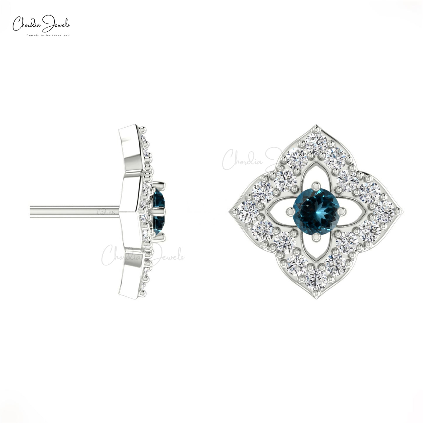 Natural London Blue Topaz Floral Earrings 14k Real Gold Diamond Studs For Anniversary Gift