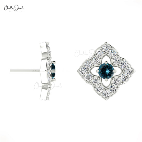 Natural London Blue Topaz Floral Earrings 14k Real Gold Diamond Studs For Anniversary Gift