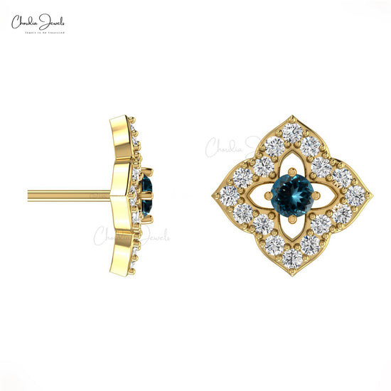 Load image into Gallery viewer, Natural London Blue Topaz Floral Earrings 14k Real Gold Diamond Studs For Anniversary Gift
