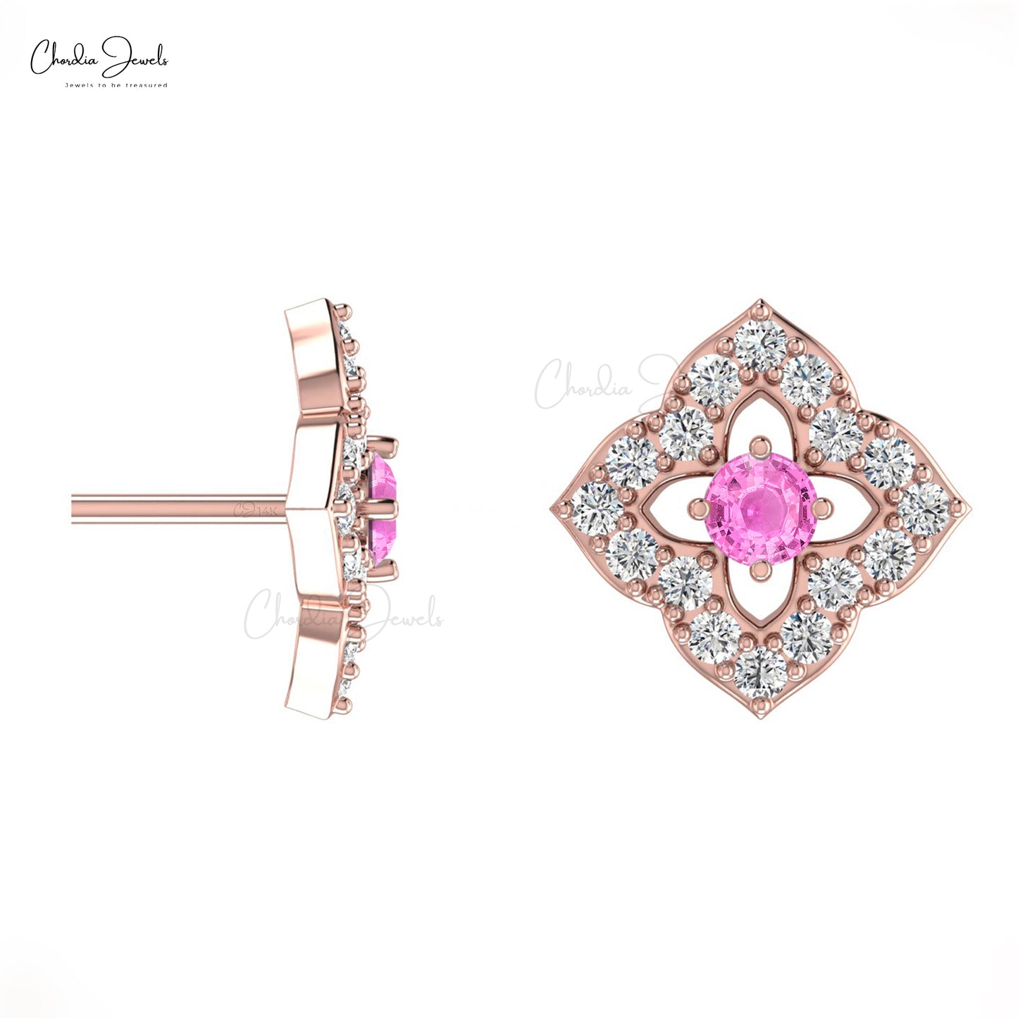 Authentic 2mm Pink Sapphire & Diamond Floral Studs 14k Real Gold Charm Earrings For Women