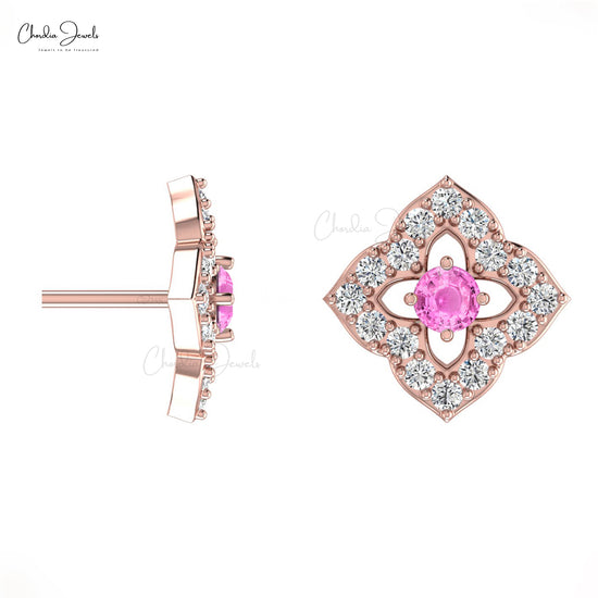 Authentic 2mm Pink Sapphire & Diamond Floral Studs 14k Real Gold Charm Earrings For Women