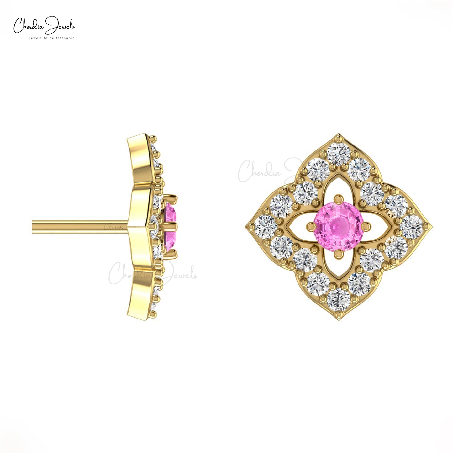 Authentic 2mm Pink Sapphire & Diamond Floral Studs 14k Real Gold Charm Earrings For Women