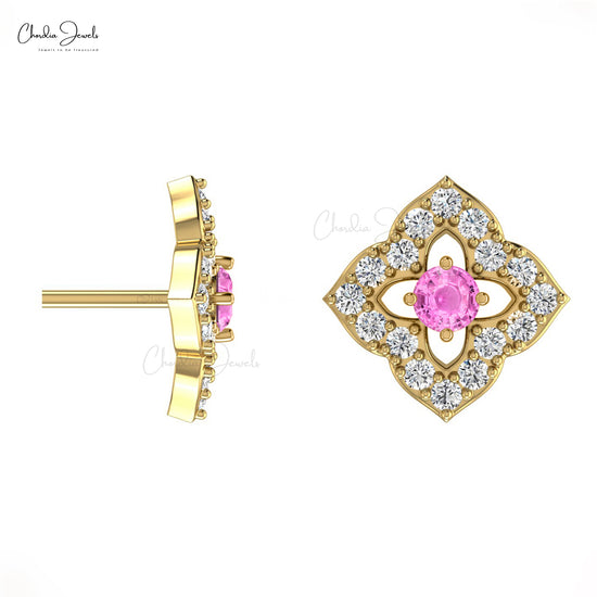 Authentic 2mm Pink Sapphire & Diamond Floral Studs 14k Real Gold Charm Earrings For Women