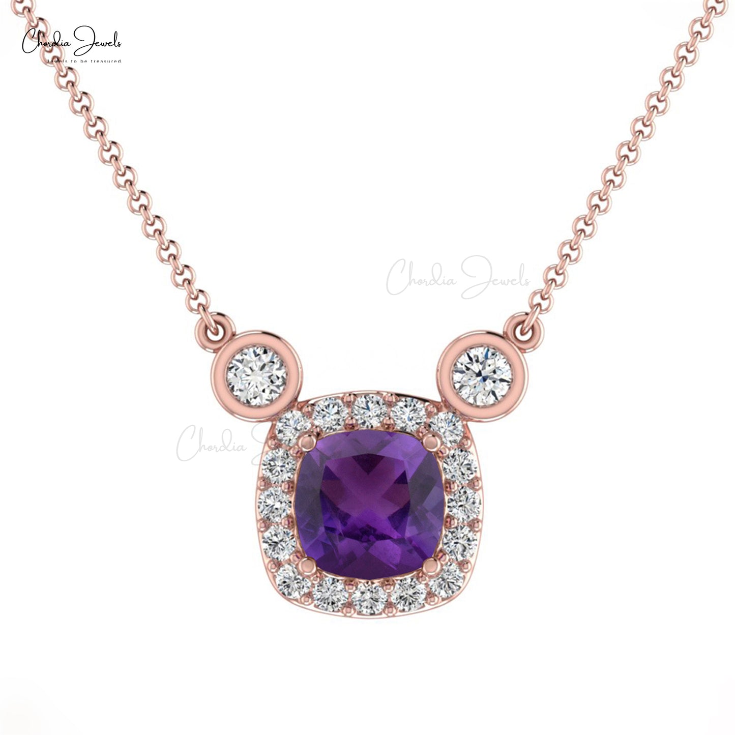 Prong Set Amethyst & Diamond Halo 14k Real Gold Necklace 