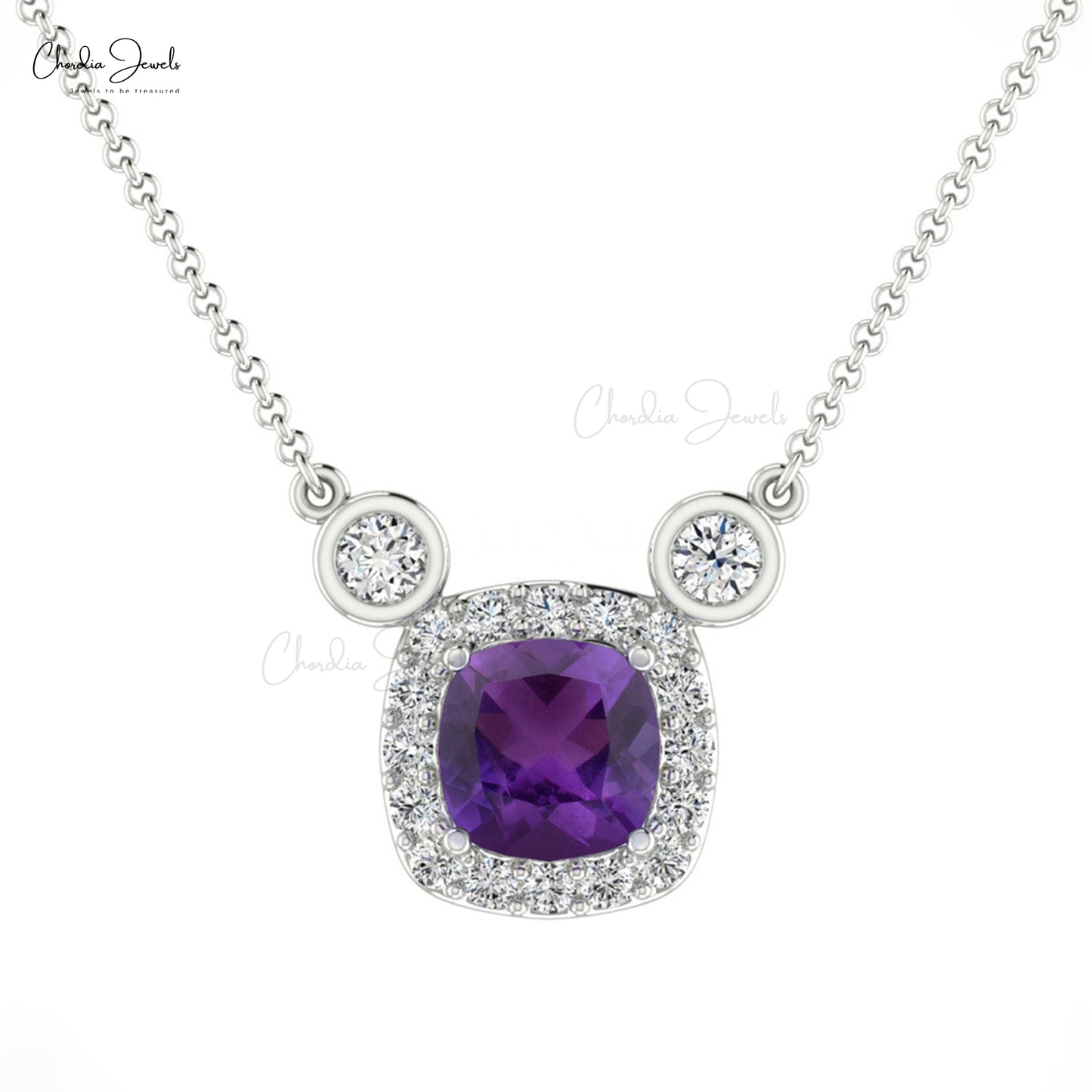 Prong Set Amethyst & Diamond Halo 14k Real Gold Necklace 