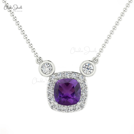 Load image into Gallery viewer, Natural Amethyst Necklace 14k Solid Gold Diamond Halo Necklace 4mm Cushion Cut Gemstone Handmade Necklace For Her

