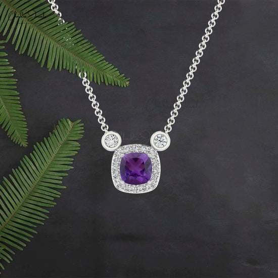 Prong Set Amethyst & Diamond Halo 14k Real Gold Necklace 