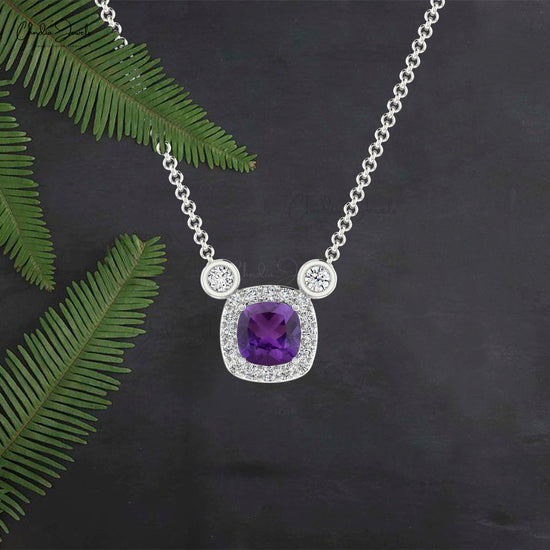Load image into Gallery viewer, Natural Amethyst Necklace 14k Solid Gold Diamond Halo Necklace 4mm Cushion Cut Gemstone Handmade Necklace For Her
