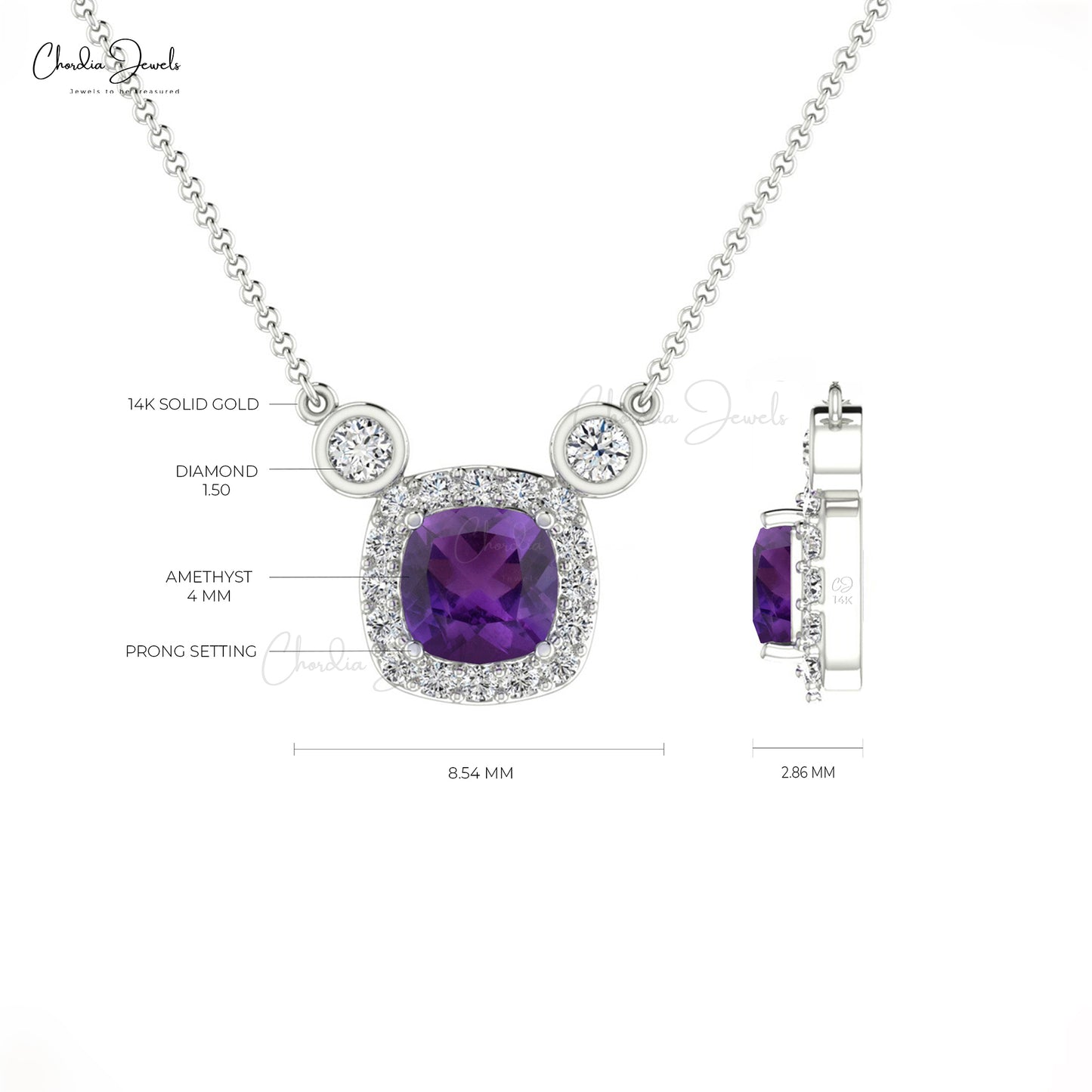 Prong Set Amethyst & Diamond Halo 14k Real Gold Necklace 