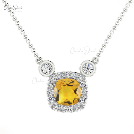 Natural Citrine Handmade Necklace 14k Solid Gold Diamond Necklace 4mm Cushion Cut Gemstone Halo Necklace For Women's