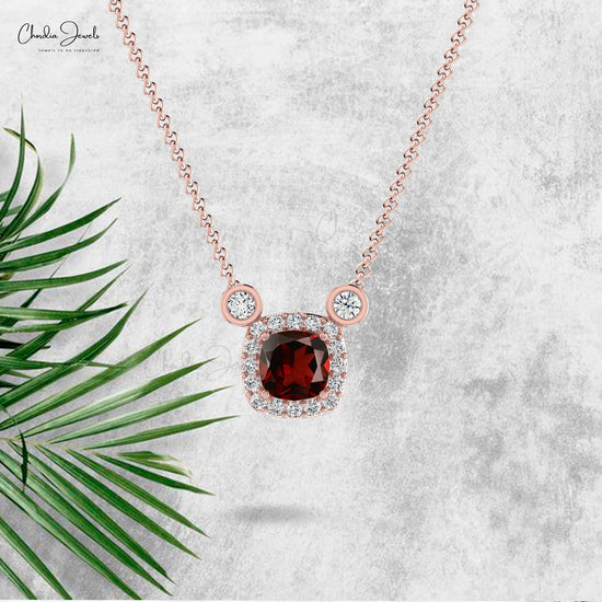 Natural Diamond Halo Garnet Necklace in 14k Solid Gold