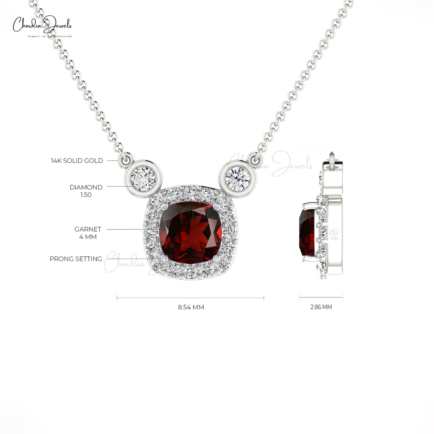 Natural Diamond Halo Garnet Necklace in 14k Solid Gold