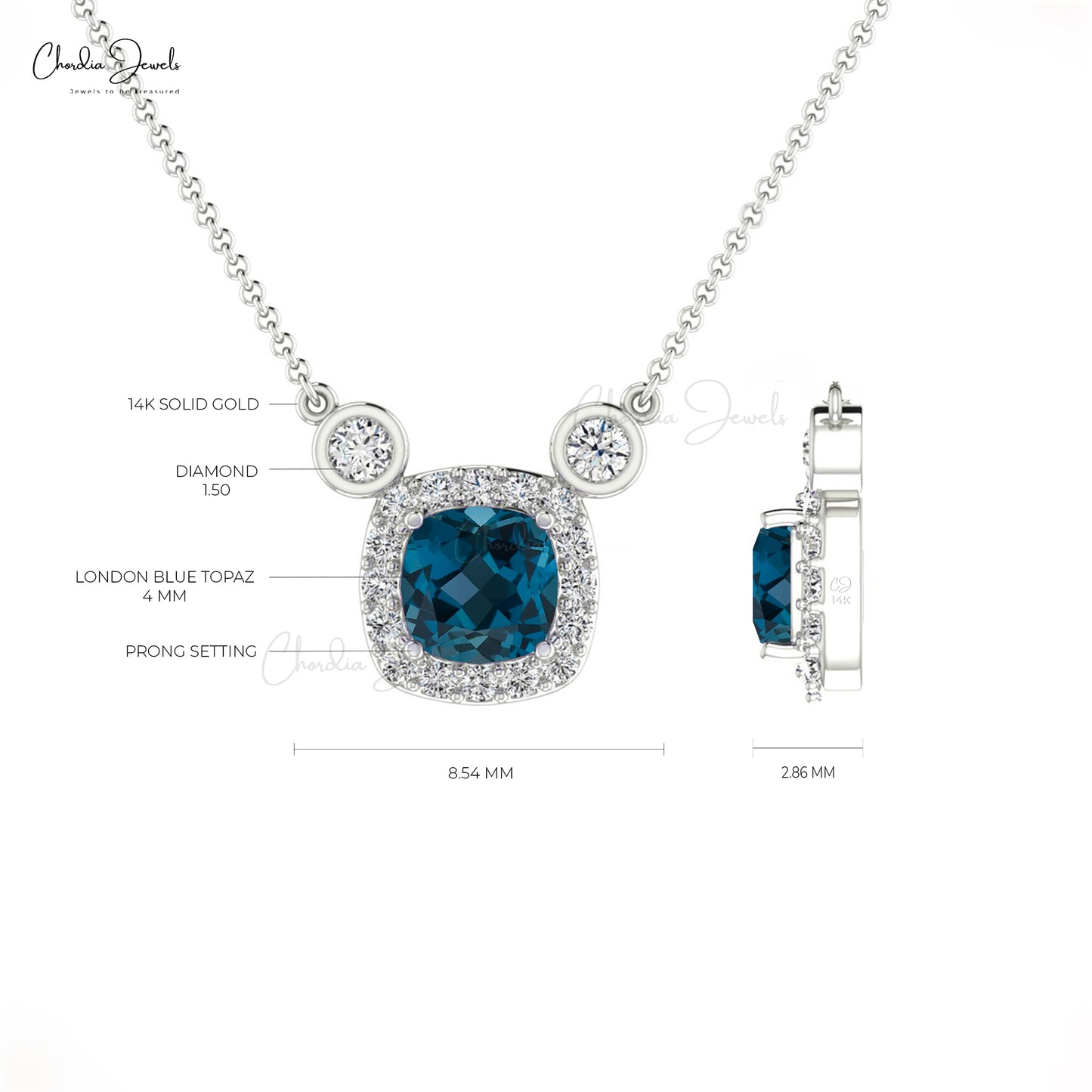 Halo Diamond Chain Necklace In 14k Solid Gold London Blue Topaz Gemstone Necklaces
