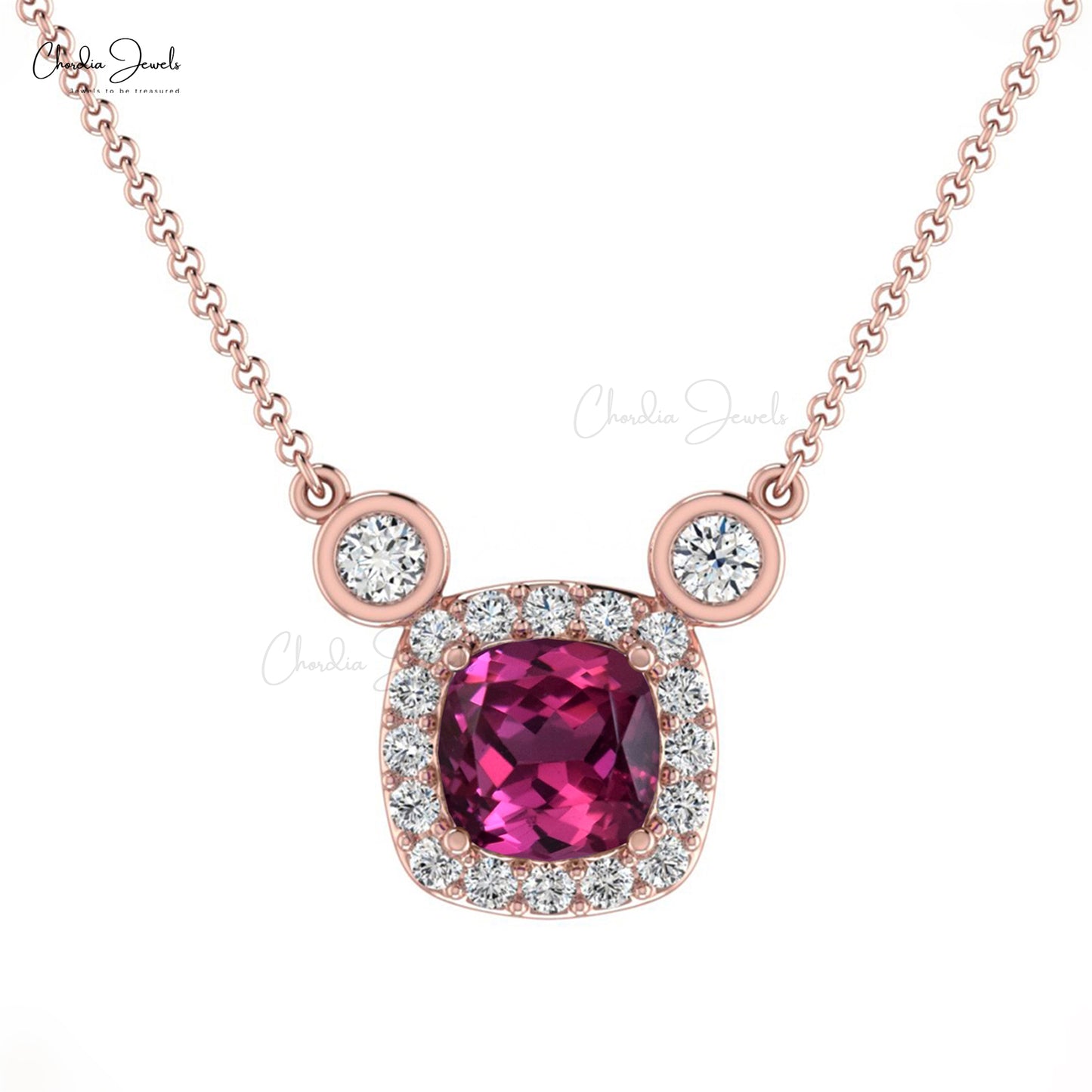 Natural Rhodolite Garnet Necklace 14k Solid Gold Diamond Halo Necklace