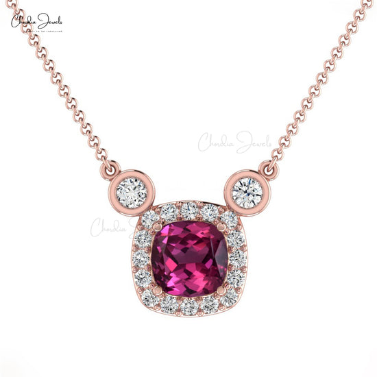 Natural Rhodolite Garnet Necklace 14k Solid Gold Diamond Halo Necklace 4mm Cushion Cut Gemstone Handmade Necklace For Women's