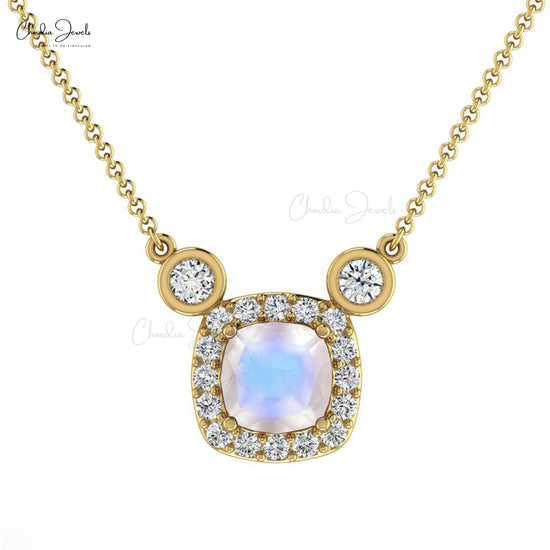 Natural Rainbow Moonstone Necklace 14k Solid Gold Diamond Halo Necklace 4mm Cushion Cut Gemstone Necklace For Her