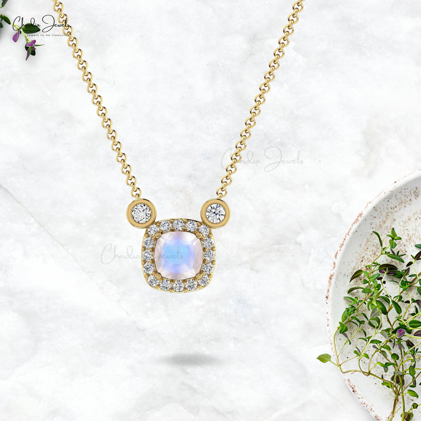 Natural Rainbow Moonstone Necklace 14k Solid Gold Diamond Halo Necklace 4mm Cushion Cut Gemstone Necklace For Her