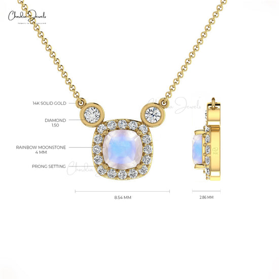 Natural Rainbow Moonstone Necklace 14k Solid Gold Diamond Halo Necklace 4mm Cushion Cut Gemstone Necklace For Her