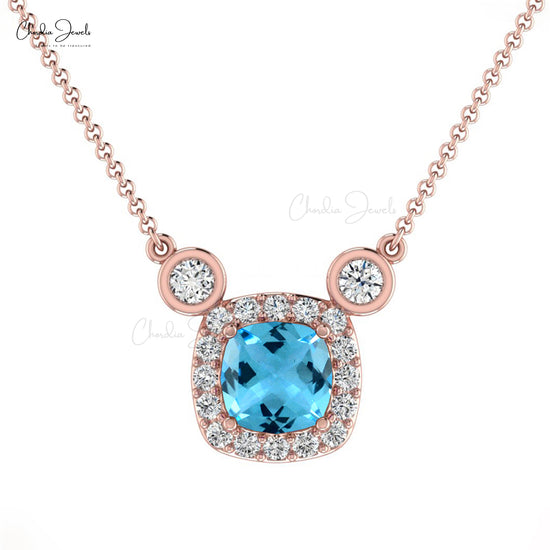 Load image into Gallery viewer, Natural Swiss Blue Topaz Necklace 14k Solid Gold Diamond Halo Necklace 4mm Cushion Cut Gemstone Handmade Necklace For Women&amp;#39;s
