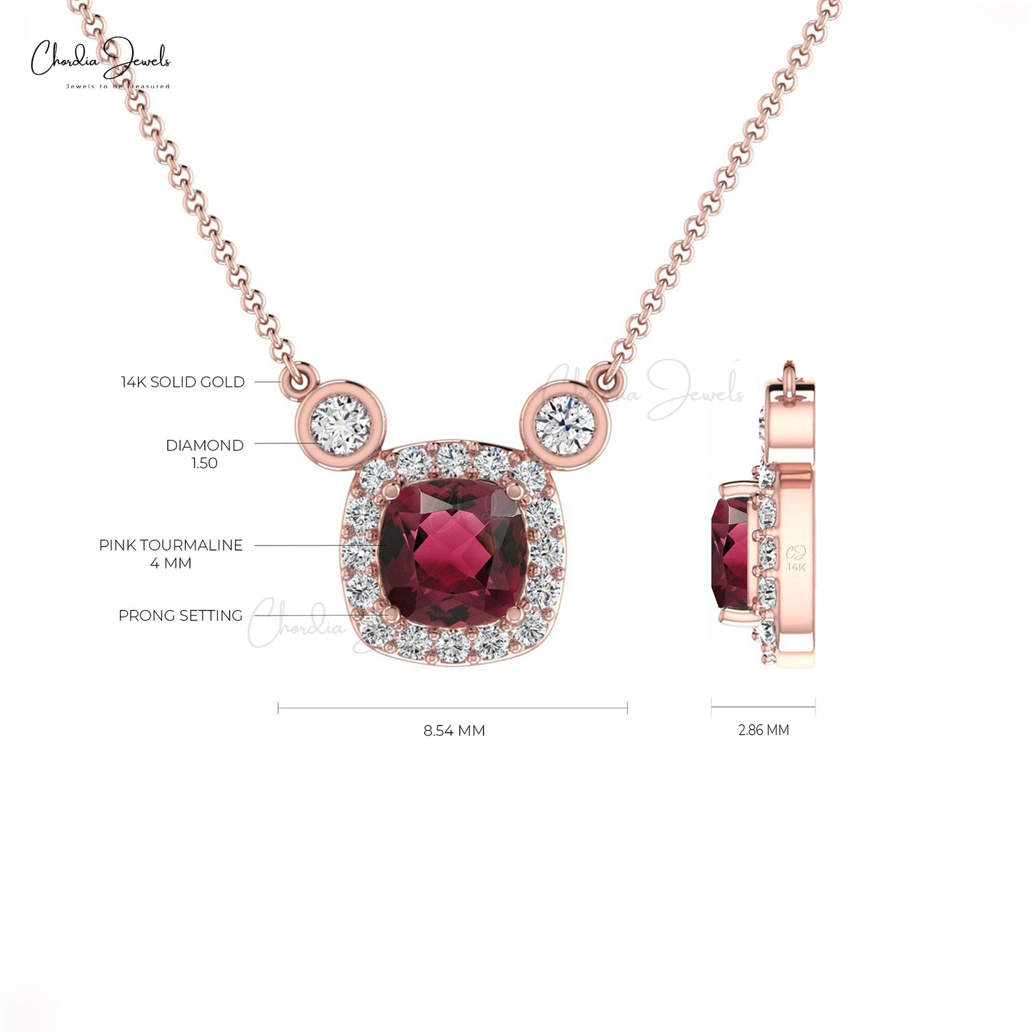 AAA Pink Tourmaline 4mm Cushion Cut Halo Necklace in 14k Gold With Diamond's