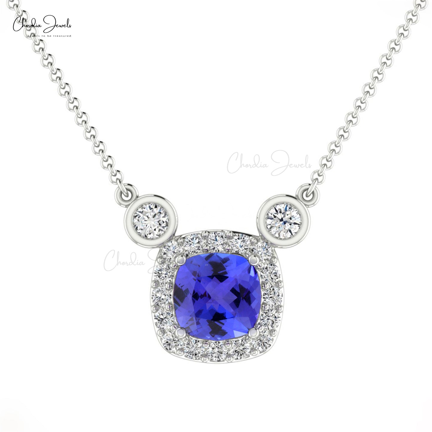 Natural Tanzanite 4mm Cushion Cut 4-Prong Set Halo Necklace 14k Solid Gold April Birthstone White Diamond Hallmarked Jewelry For Women