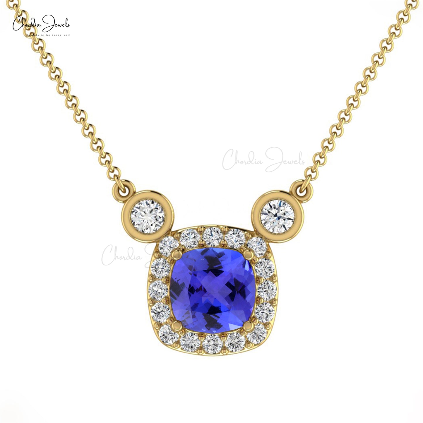 Natural Tanzanite & Diamond Halo Necklace In 14k Solid Gold