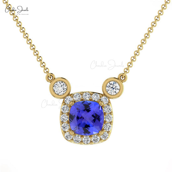 Natural Tanzanite & Diamond Halo Necklace In 14k Solid Gold