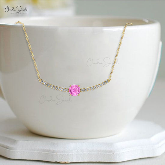 Load image into Gallery viewer, Iconic Pink Sapphire Statement Necklace Genuine 14k Real Gold Diamond Necklace 5mm Round Gemstone Minimalist Dainty Jewelry For Her
