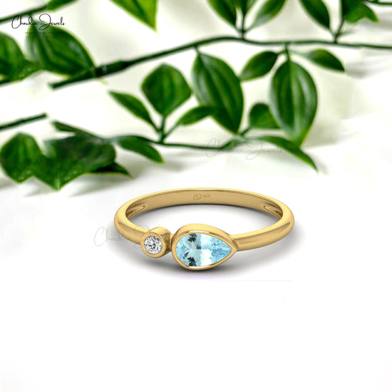 Elegant Aquamarine 6x4mm Gemstone Ring 14k Real Gold Diamond Ring For Engagement Jewelry For Her