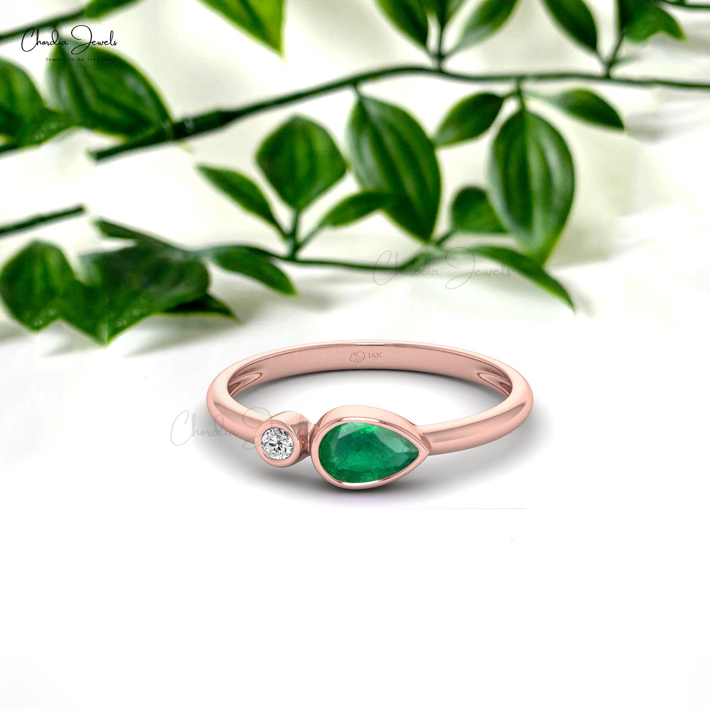 Load image into Gallery viewer, Genuine Emerald 6X4mm Pear Cut Gemstone Ring 14k Solid Gold White Diamond Dainty Ring For Her
