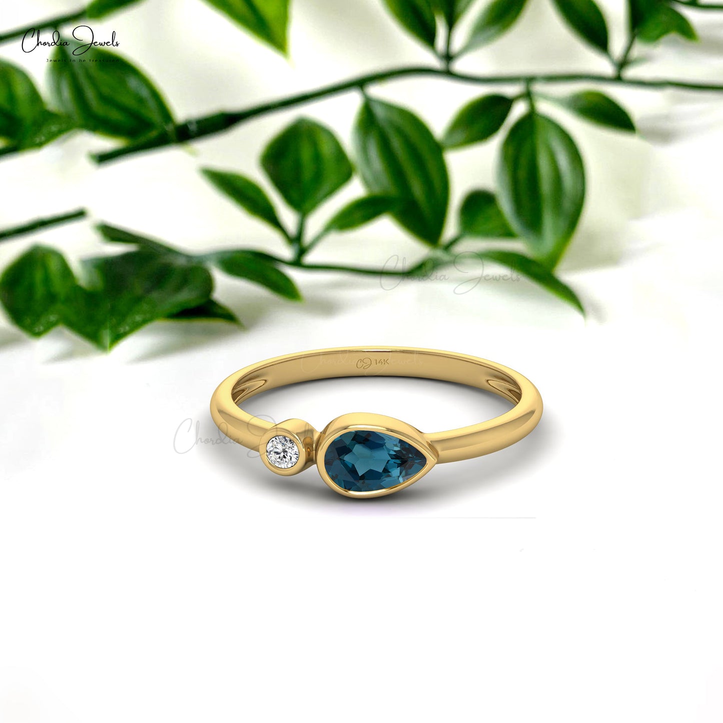 Genuine London Blue Topaz 6x4mm Pear Gemstone Dainty Ring 14k Real Gold White Diamond Promise Ring Hallmarked Jewelry