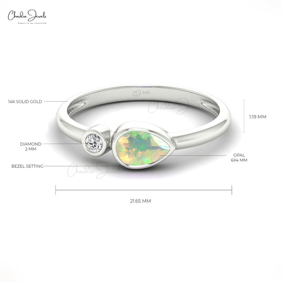 Genuine Ethiopian Opal Dainty Diamond Ring 14k Real Gold 6x4mm Pear Cut Gemstone Minimalist Ring For Birthday Gift