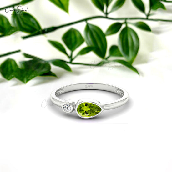 Natural Peridot Engagement Ring 6x4mm Pear Cut Jewelry For Women 14k Solid Gold Diamond August Band Ring For Gift