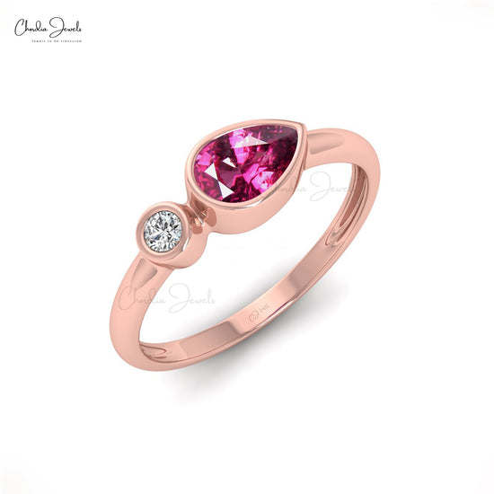 Gemstone Bezel Set Ring With 0.54 Ct Rhodolite Garnet And G-H Diamond 14k Real Gold Rings