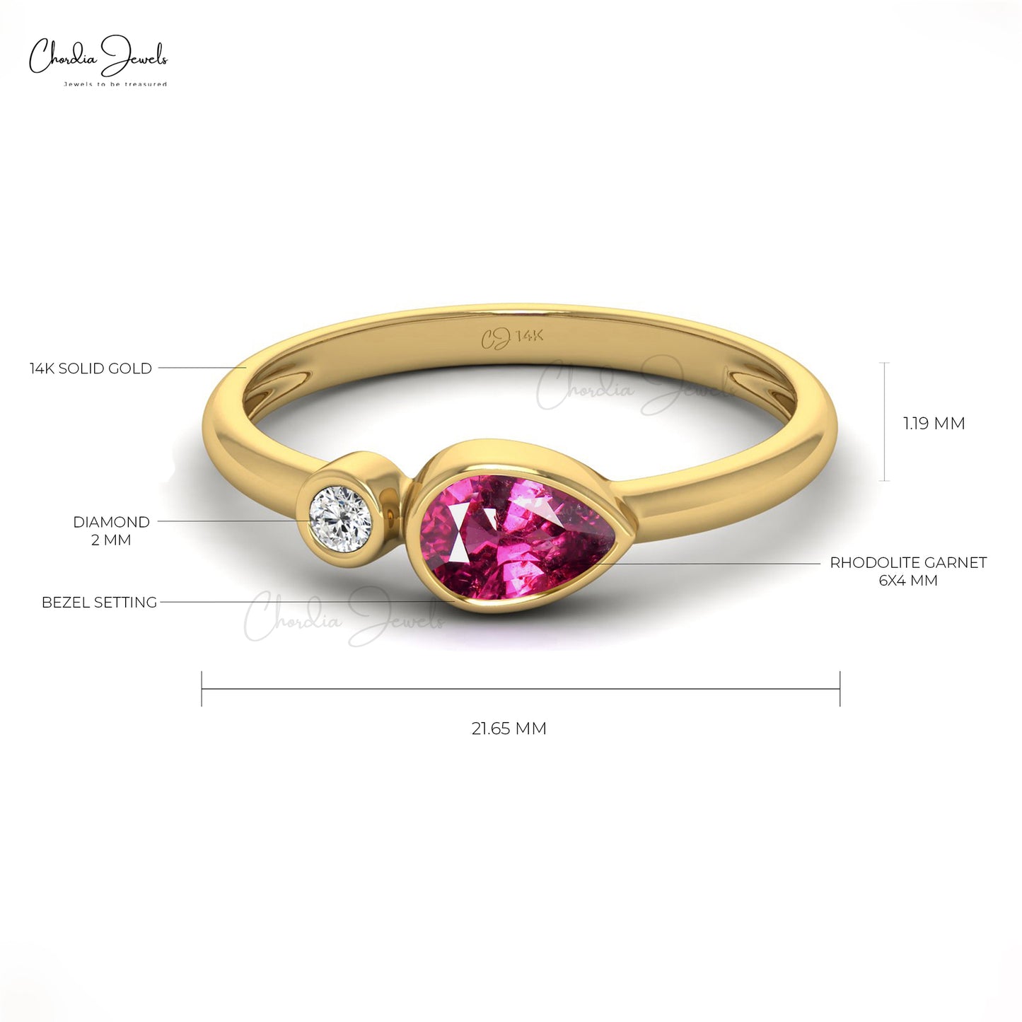 Gemstone Bezel Set Ring With 0.54 Ct Rhodolite Garnet And G-H Diamond 14k Real Gold Rings