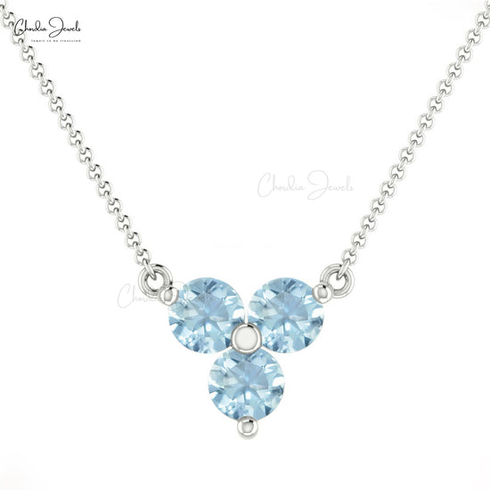 Solid 14k Gold Genuine Aquamarine Trilogy Necklace For Women