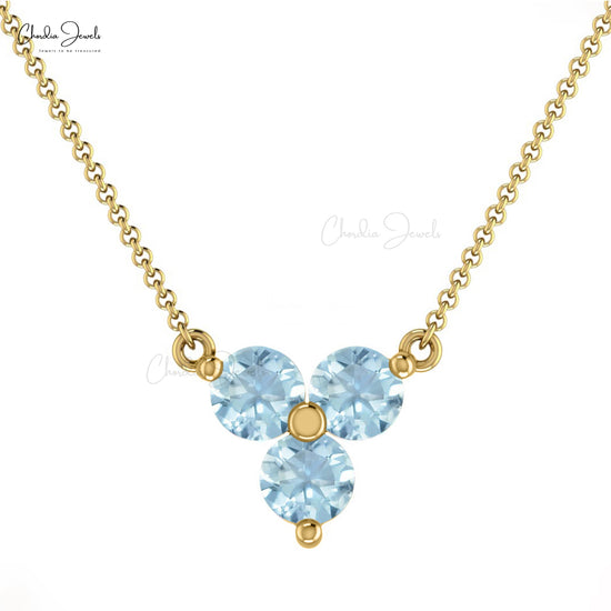 Solid 14k Gold Genuine Aquamarine Trilogy Necklace For Women