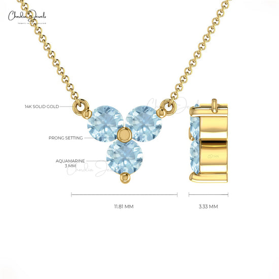 Solid 14k Gold Genuine Aquamarine Trilogy Necklace For Women
