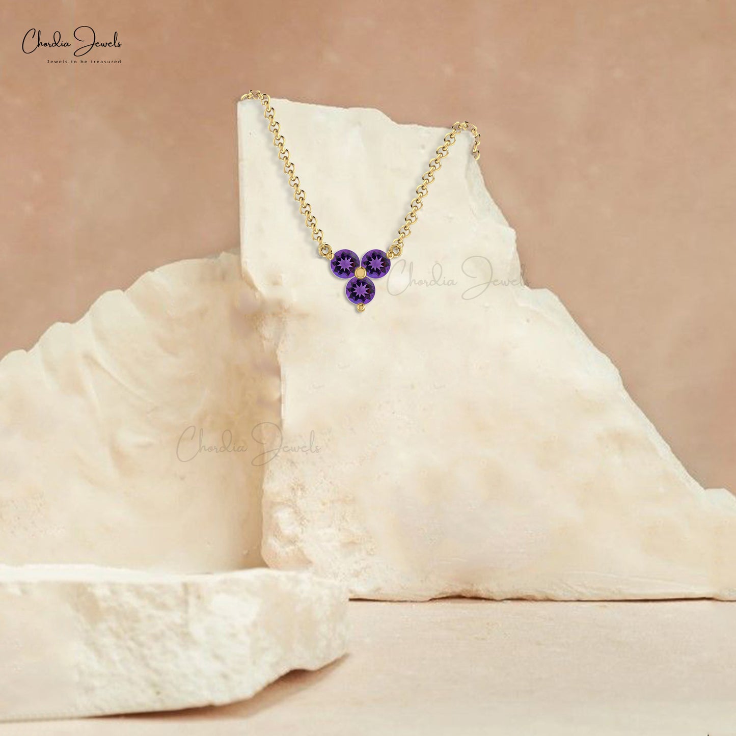 Brilliant Cut Trilogy Necklace In Real 14k Gold Amethyst Gemstone Hallmark Necklaces
