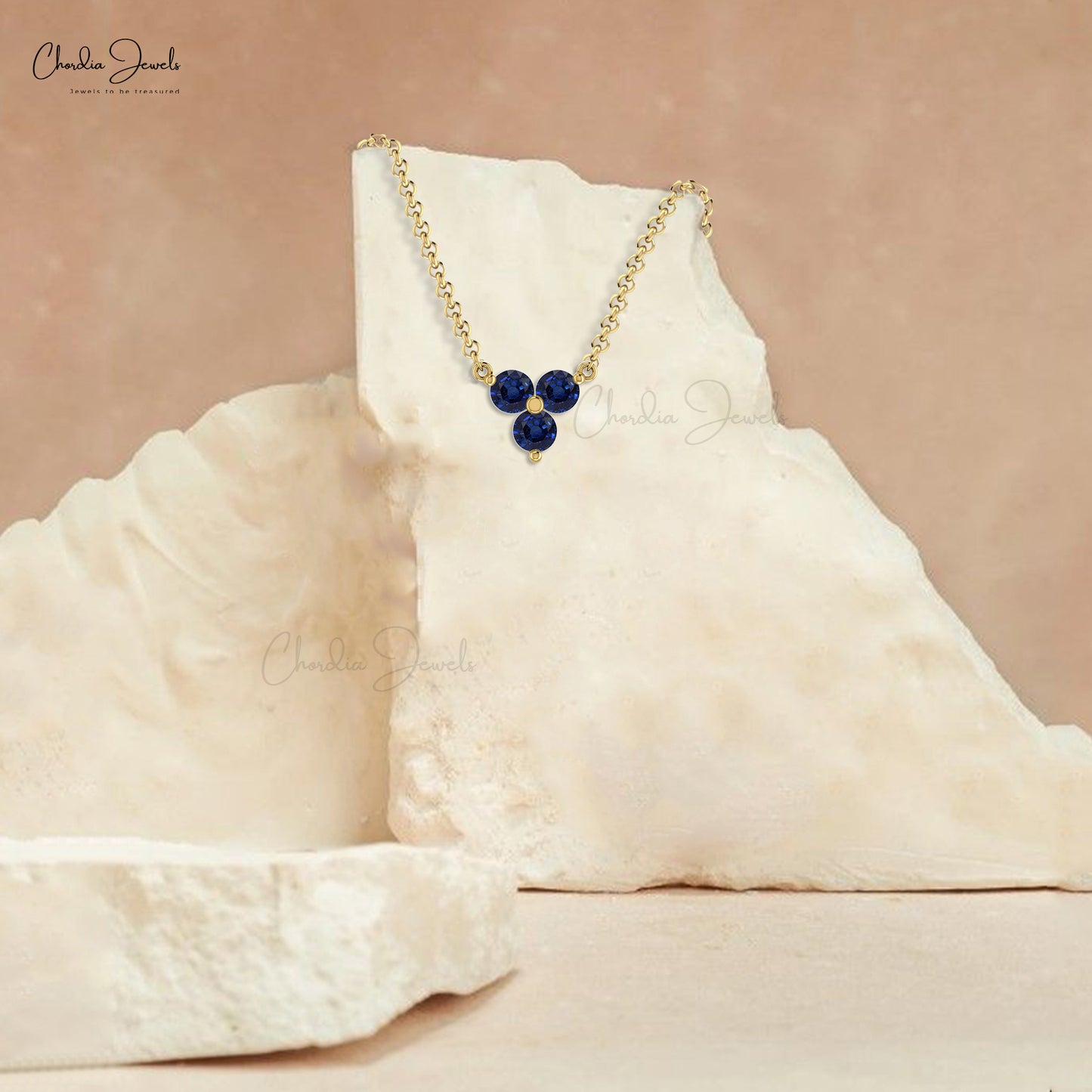 Pure 14k Gold 3 Stone Chain Necklace with 3mm Blue Sapphire Cluster Women Necklaces