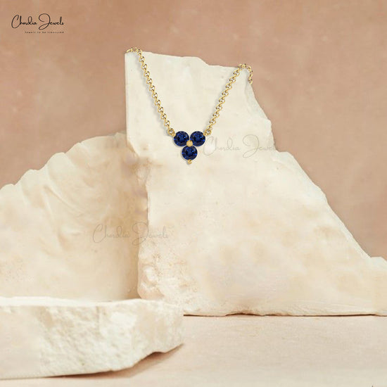 Pure 14k Gold 3 Stone Chain Necklace with 3mm Blue Sapphire Cluster Women Necklaces