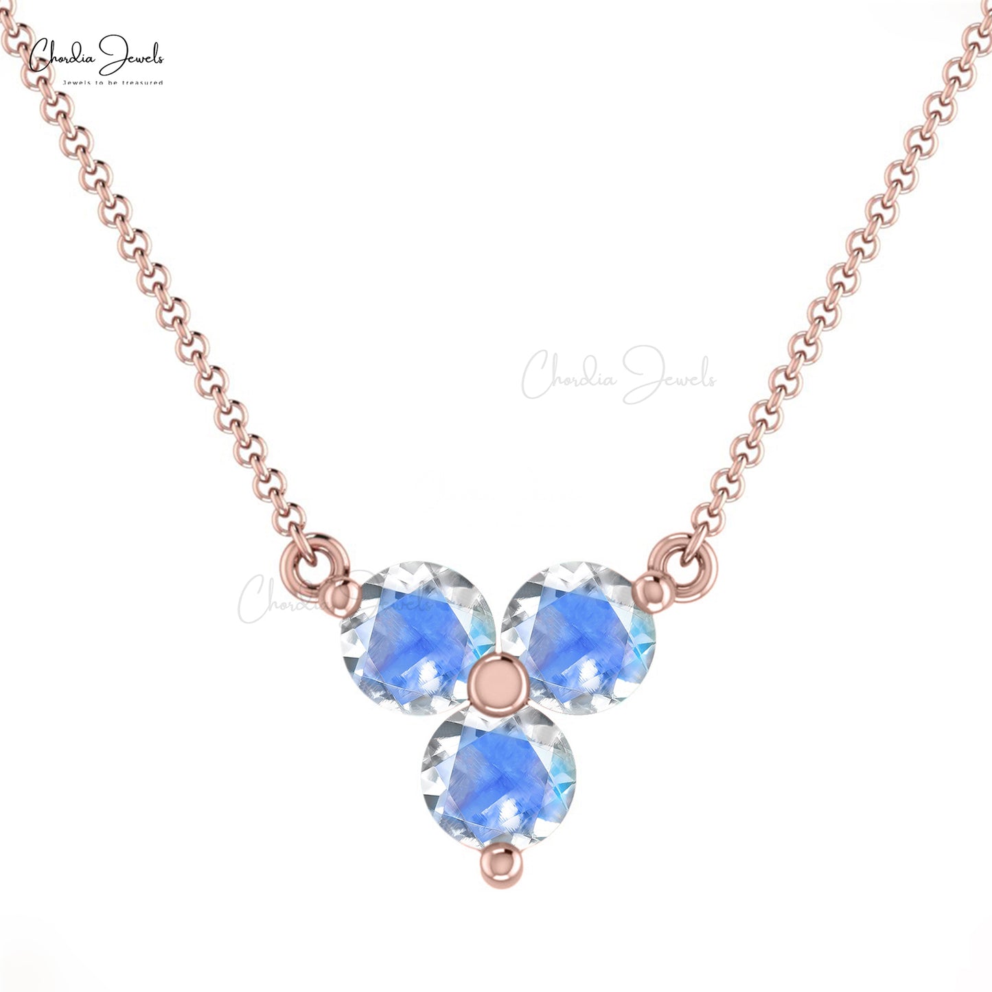 Prong Set Rainbow Moonstone Real 14k Gold 3-Stone Necklace