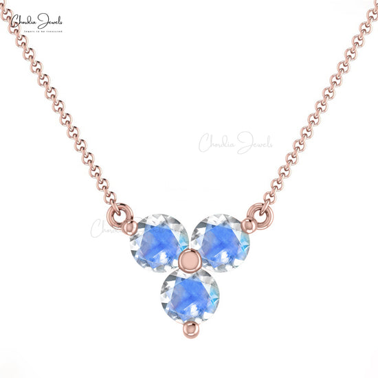 Prong Set Rainbow Moonstone Real 14k Gold 3-Stone Necklace