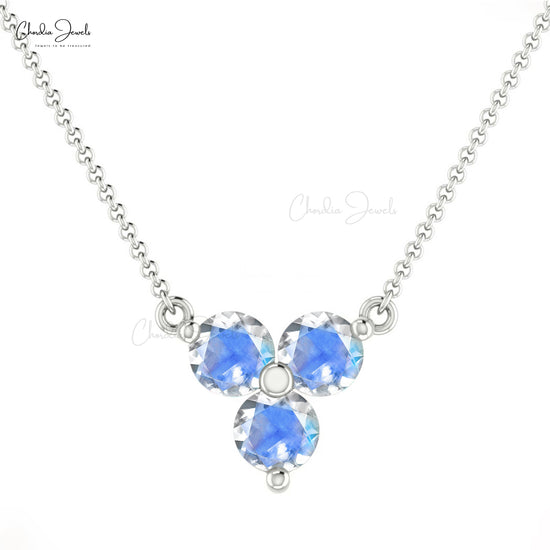 Prong Set Rainbow Moonstone Real 14k Gold 3-Stone Necklace