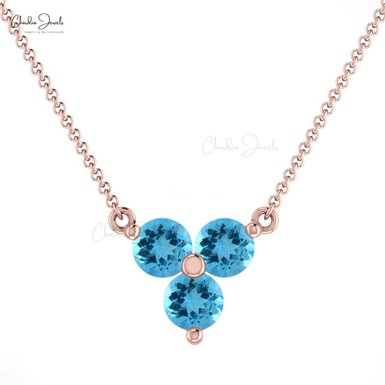 Round Swiss Blue Topaz Three Stone Necklace 14k Solid Gold Prong Set Dainty Necklace For Her