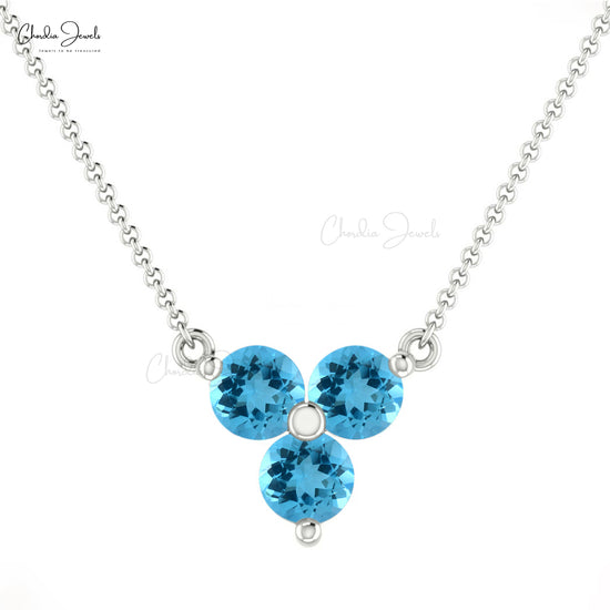 Round Swiss Blue Topaz Three Stone Necklace 14k Solid Gold Prong Set Dainty Necklace For Her