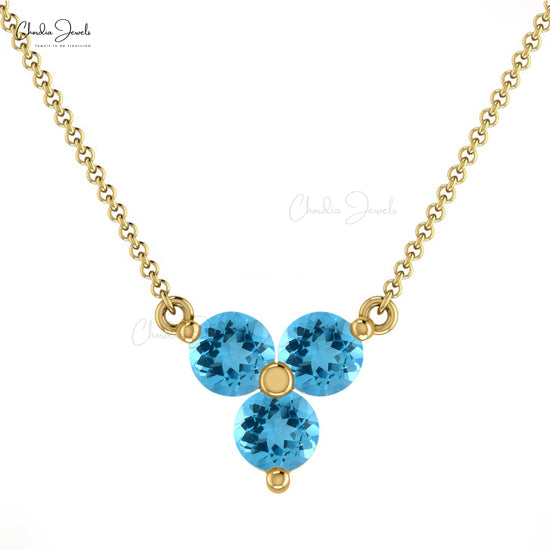 Round Swiss Blue Topaz Three Stone Necklace 14k Solid Gold Prong Set Dainty Necklace For Her