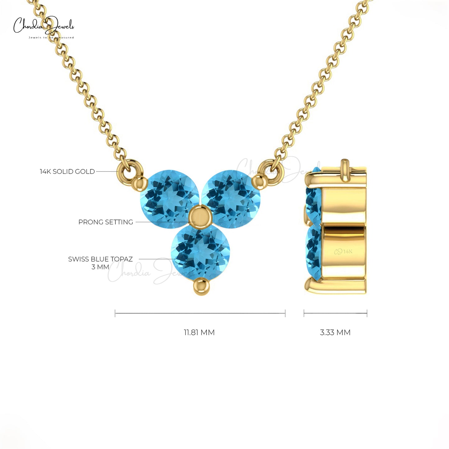 Round Swiss Blue Topaz Three Stone Necklace 14k Solid Gold Prong Set Dainty Necklace For Her