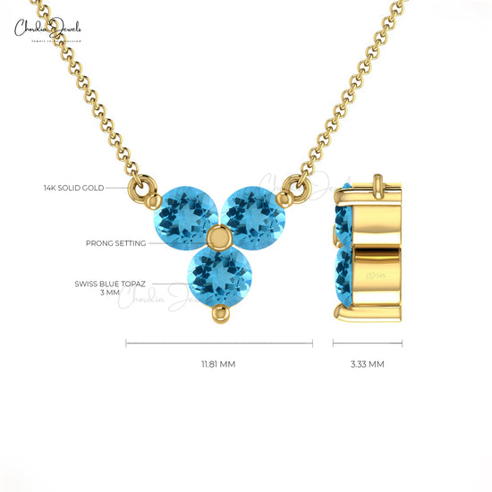Round Swiss Blue Topaz Three Stone Necklace 14k Solid Gold Prong Set Dainty Necklace For Her