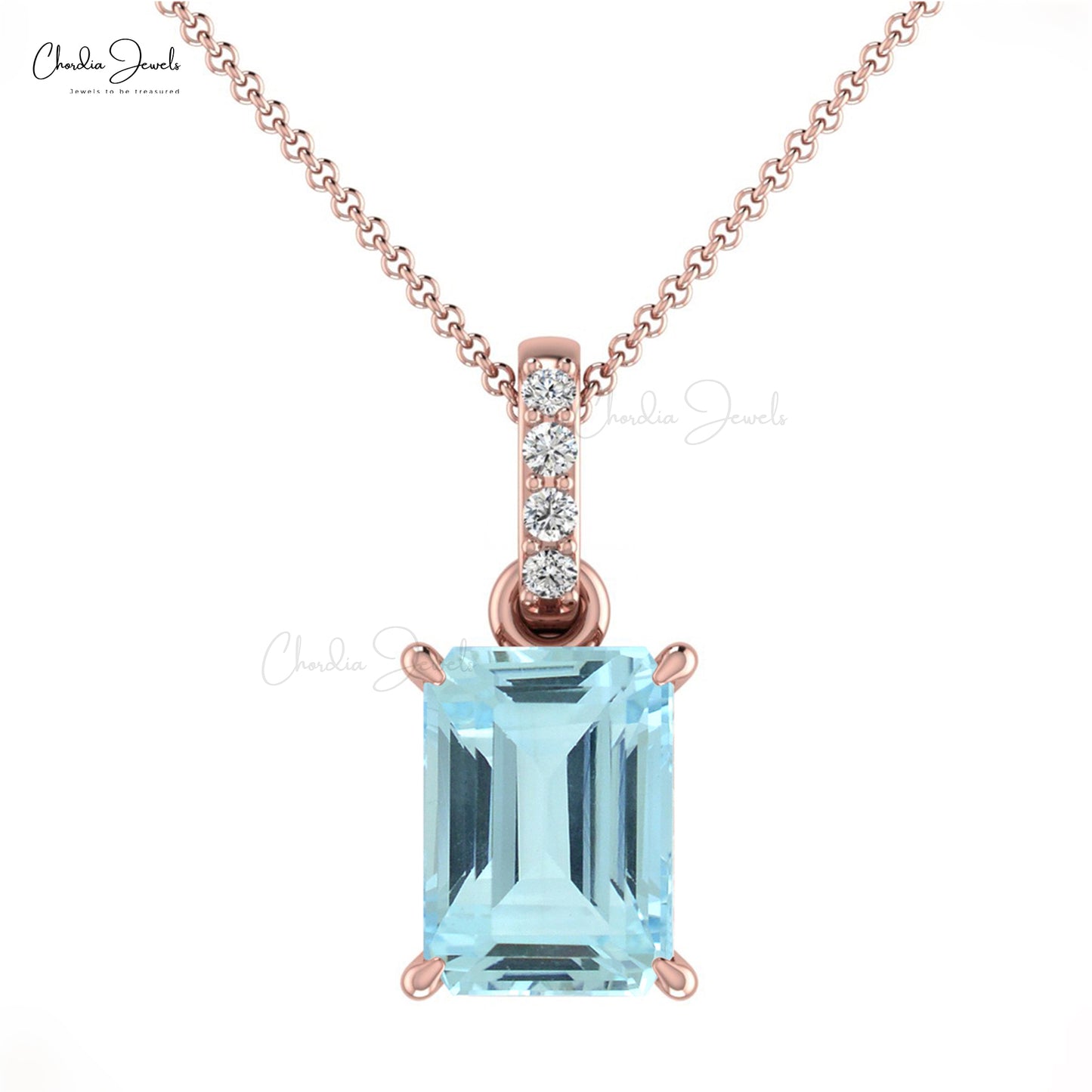 Natural Aquamarine Emerald Cut Pendant 14k Solid Gold White Diamond Handmade Pendant March Birthstone Pendant For Women